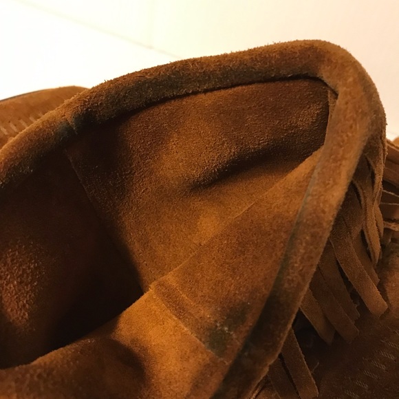 Moccasin brown suede layer tiered fringe boots women fits size 9 - Picture 5 of 11